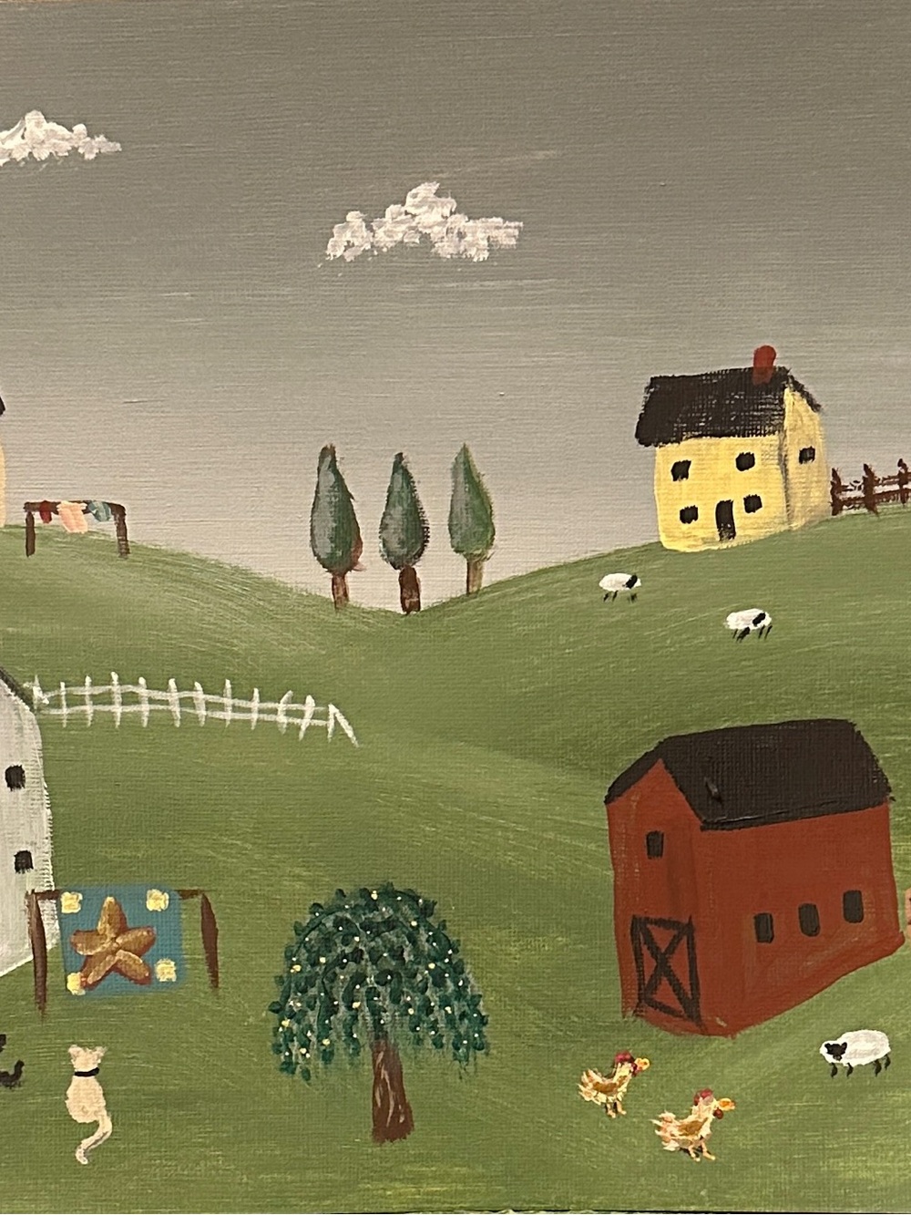 Hand-Painted Countryside Farm Paper Art in Green and Yellow